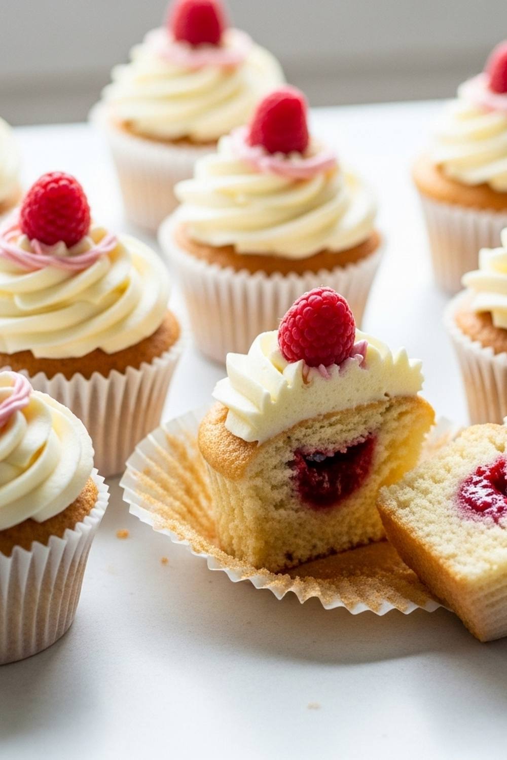 Mandel-Hochzeitstorten-Cupcakes mit Himbeerfüllung image 2