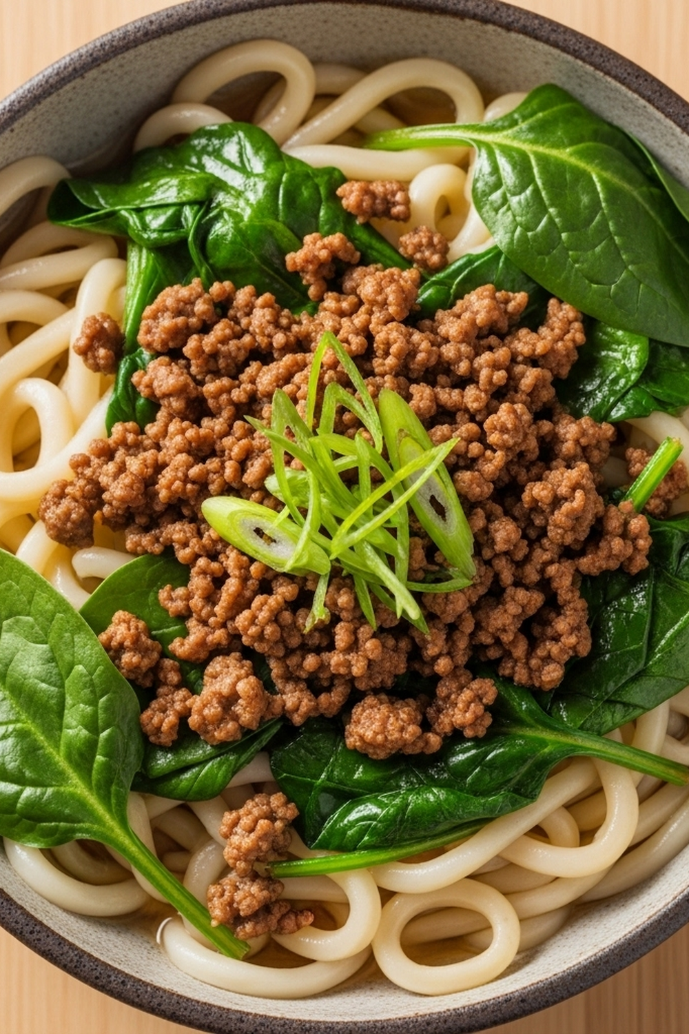 Udon-Nudeln mit Rinderhackfleisch und Spinat image 2