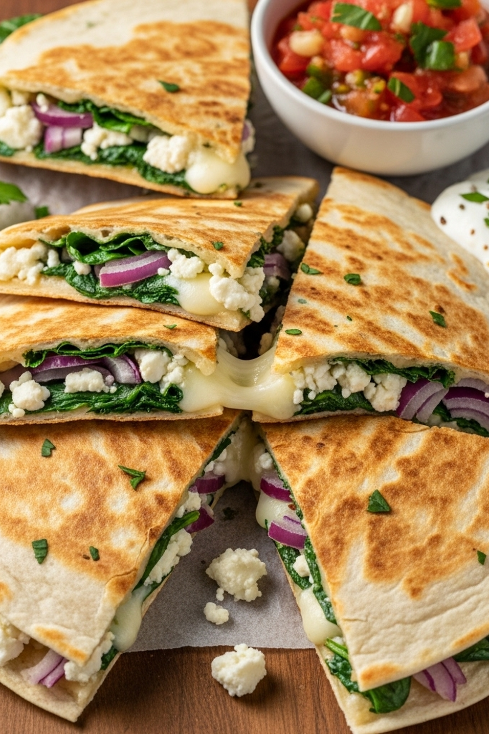 Mediterrane Quesadillas mit Spinat, Feta, Mozzarella und roten Zwiebeln image 2