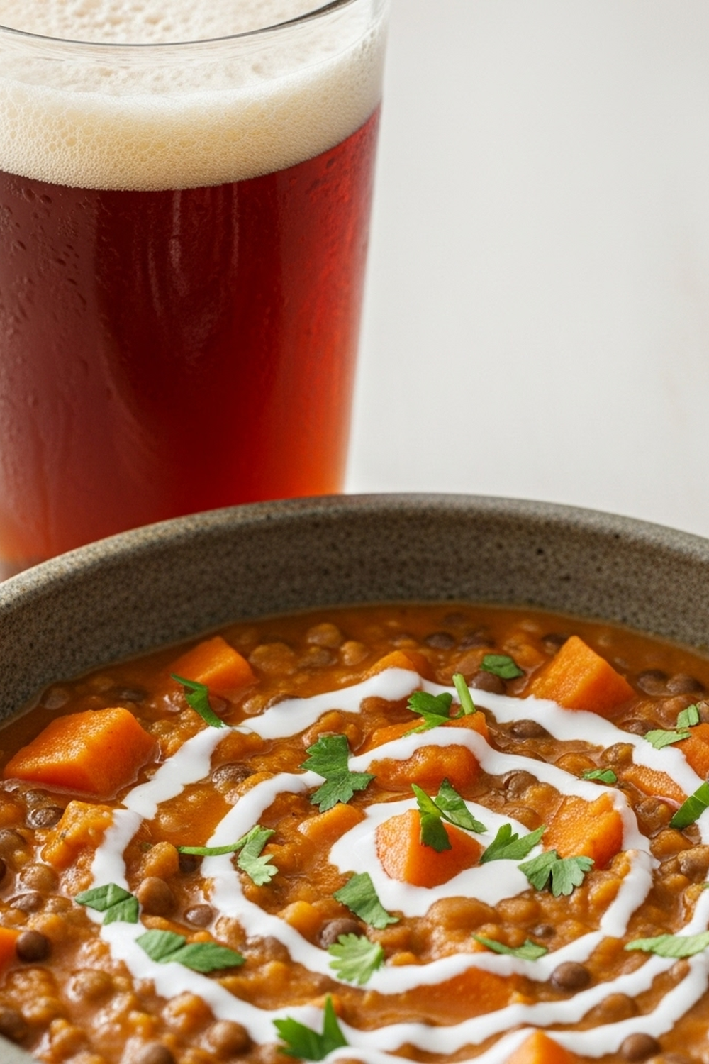 Süßkartoffel-Kokosmilch-Eintopf mit Linsen und Wacholder-Tee-Bier image 2