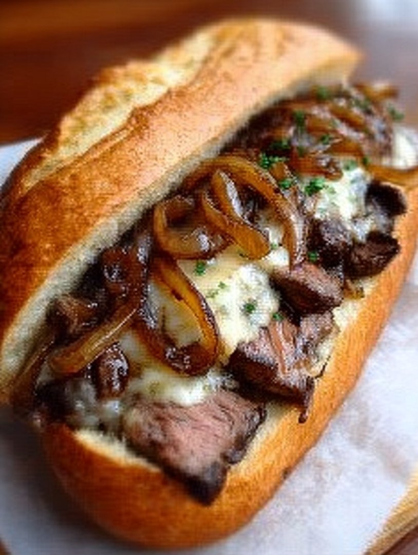 Köstliches Steak-Sandwich mit karamellisierten Zwiebeln und Käse! image 2